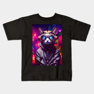 Techno Cat In Japan Neon City Kids T-Shirt